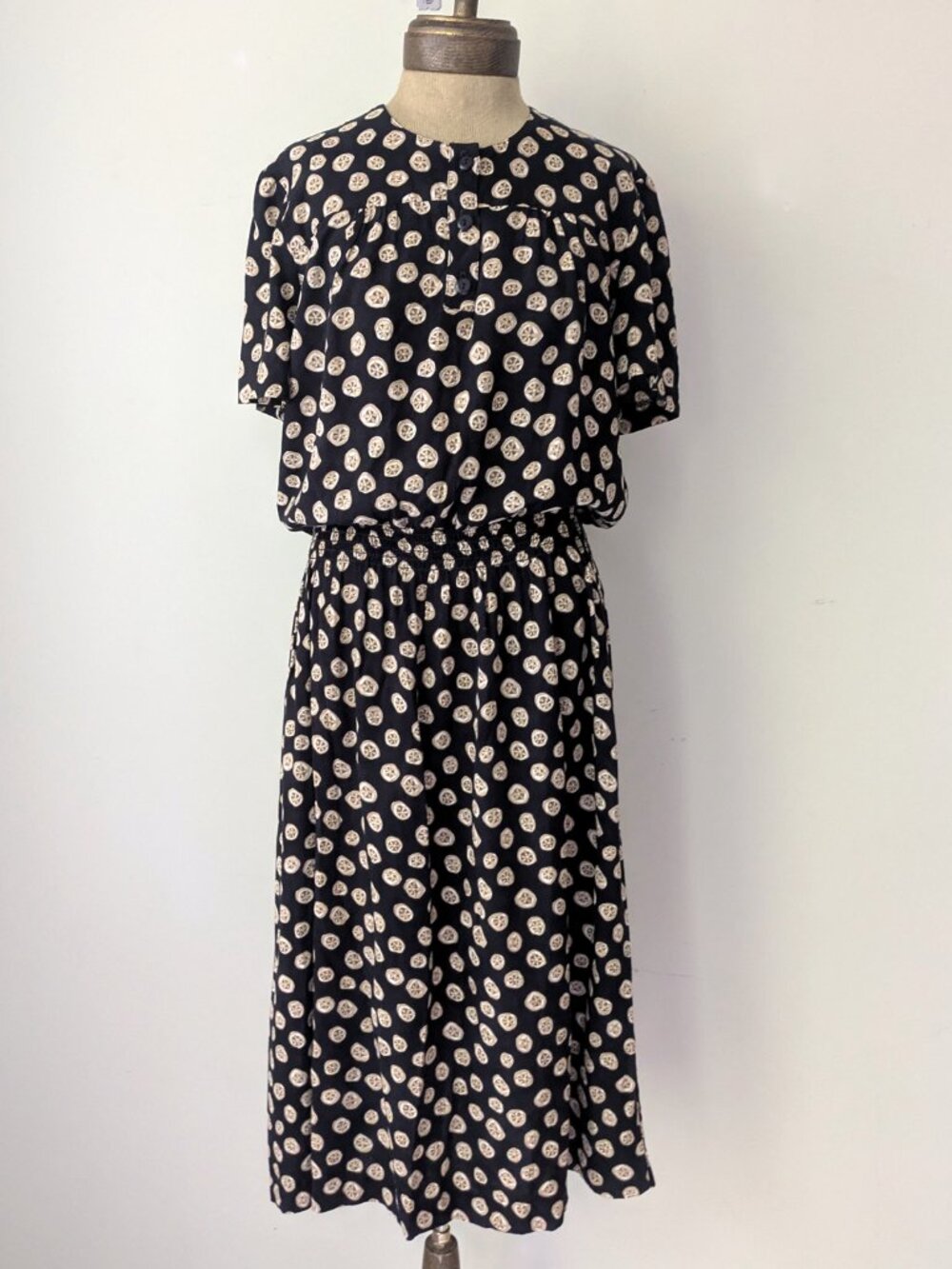 90s vintage print smocked midi shirt dress VIRGO sz 12